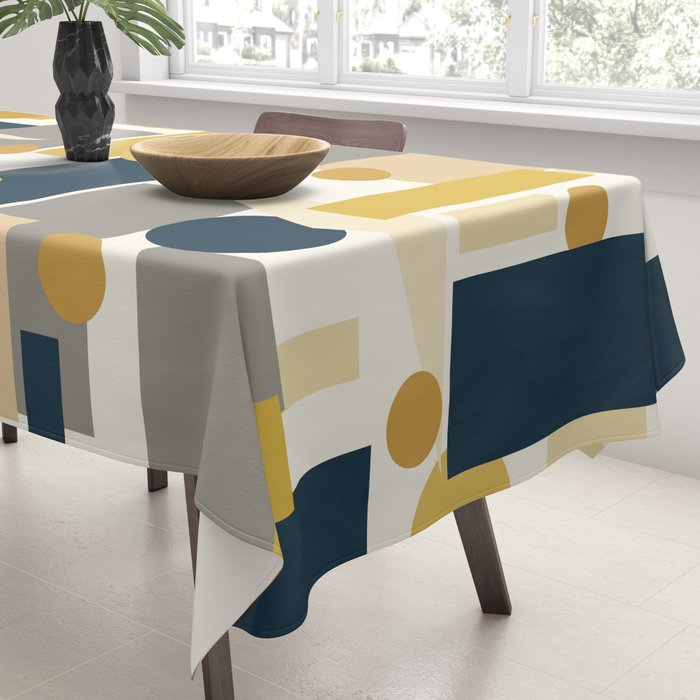 Mid-Century Modern Geometrica Pattern in Navy Blue, Mustard, Grey, Beige, and Cream Tablecloth Gallery Image 3