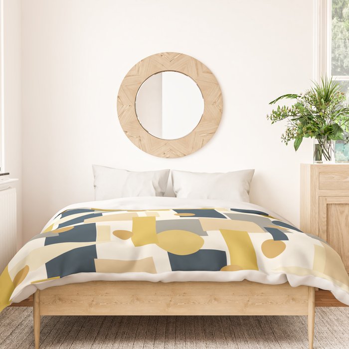 Mid-Century Modern Geometrica Pattern in Navy Blue, Mustard, Grey, Beige, and Cream Duvet Cover Gallery Image 3