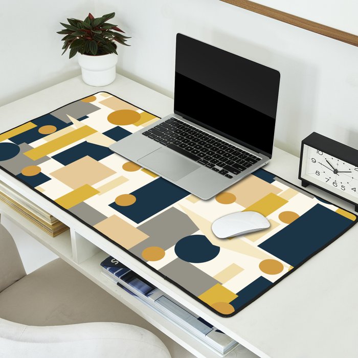 Mid-Century Modern Geometrica Pattern in Navy Blue, Mustard, Grey, Beige, and Cream Desk Mat Gallery Image 2