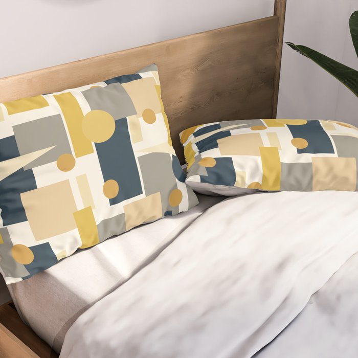 Mid-Century Modern Geometrica Pattern in Navy Blue, Mustard, Grey, Beige, and Cream Pillow Sham Gallery Image 2