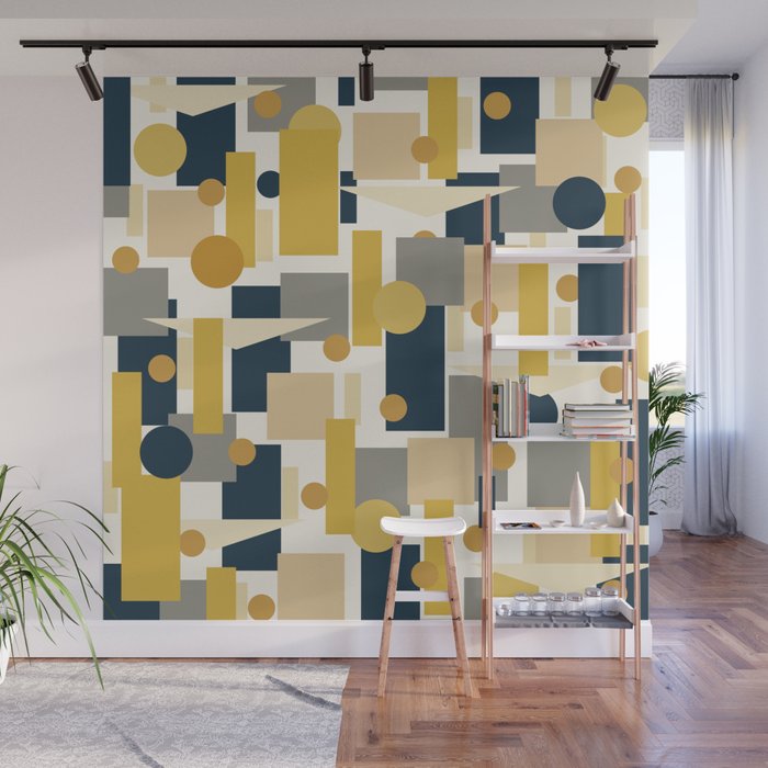 Mid-Century Modern Geometrica Pattern in Navy Blue, Mustard, Grey, Beige, and Cream Wall Mural Gallery Image 1