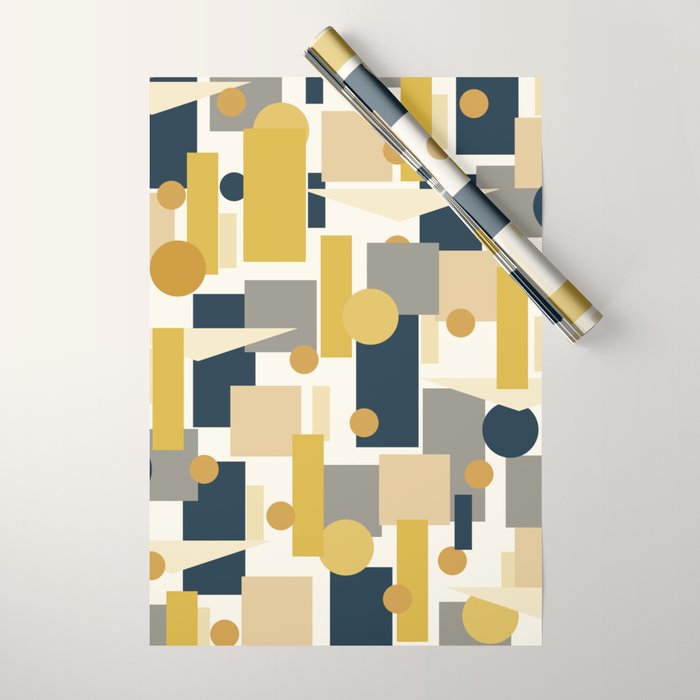 Mid-Century Modern Geometrica Pattern in Navy Blue, Mustard, Grey, Beige, and Cream Wrapping Paper Gallery Image 1