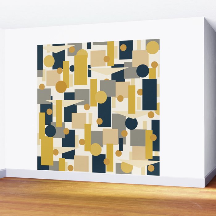 Mid-Century Modern Geometrica Pattern in Navy Blue, Mustard, Grey, Beige, and Cream Wall Mural Gallery Image 2