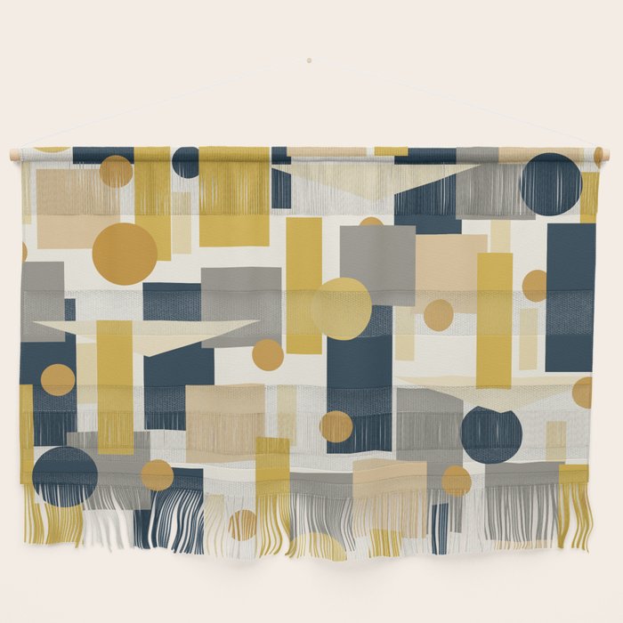 Mid-Century Modern Geometrica Pattern in Navy Blue, Mustard, Grey, Beige, and Cream Wall Hanging Gallery Image 1