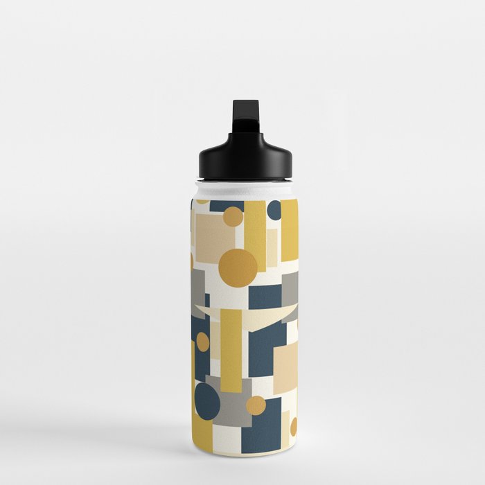 Mid-Century Modern Geometrica Pattern in Navy Blue, Mustard, Grey, Beige, and Cream Water Bottle Gallery Image 3