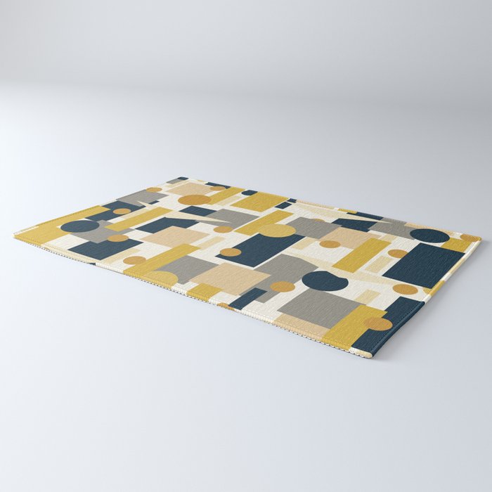 Mid-Century Modern Geometrica Pattern in Navy Blue, Mustard, Grey, Beige, and Cream Rug Gallery Image 3