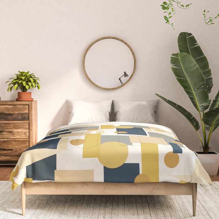 Mid-Century Modern Geometrica Pattern in Navy Blue, Mustard, Grey, Beige, and Cream Comforter Gallery Image 3