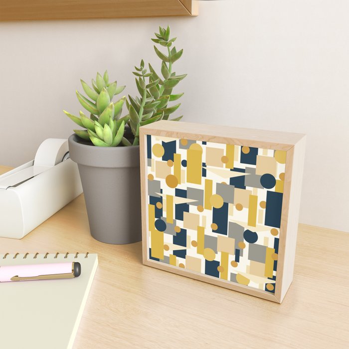 Mid-Century Modern Geometrica Pattern in Navy Blue, Mustard, Grey, Beige, and Cream Mini Art Print Gallery Image 2