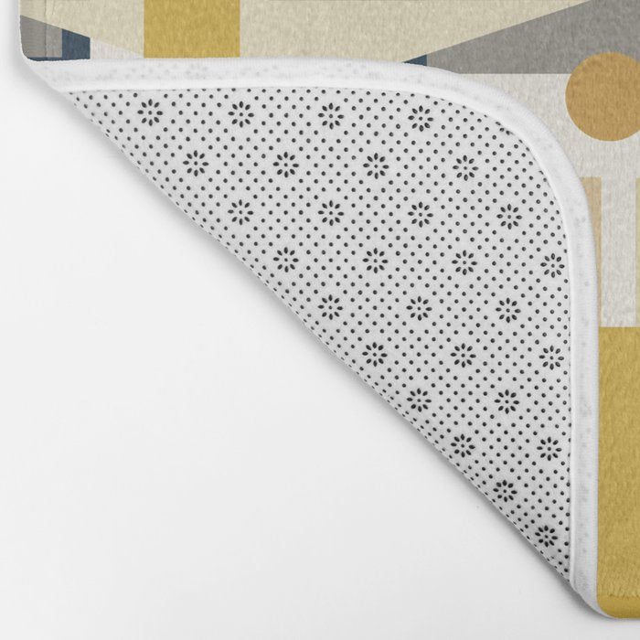 Mid-Century Modern Geometrica Pattern in Navy Blue, Mustard, Grey, Beige, and Cream Bath Mat Gallery Image 2