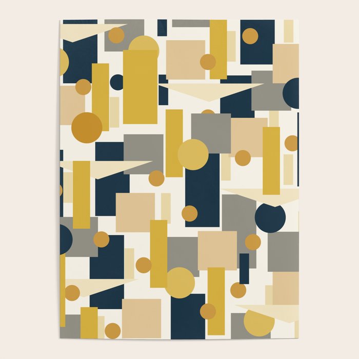 Mid-Century Modern Geometrica Pattern in Navy Blue, Mustard, Grey, Beige, and Cream Poster Gallery Image 4