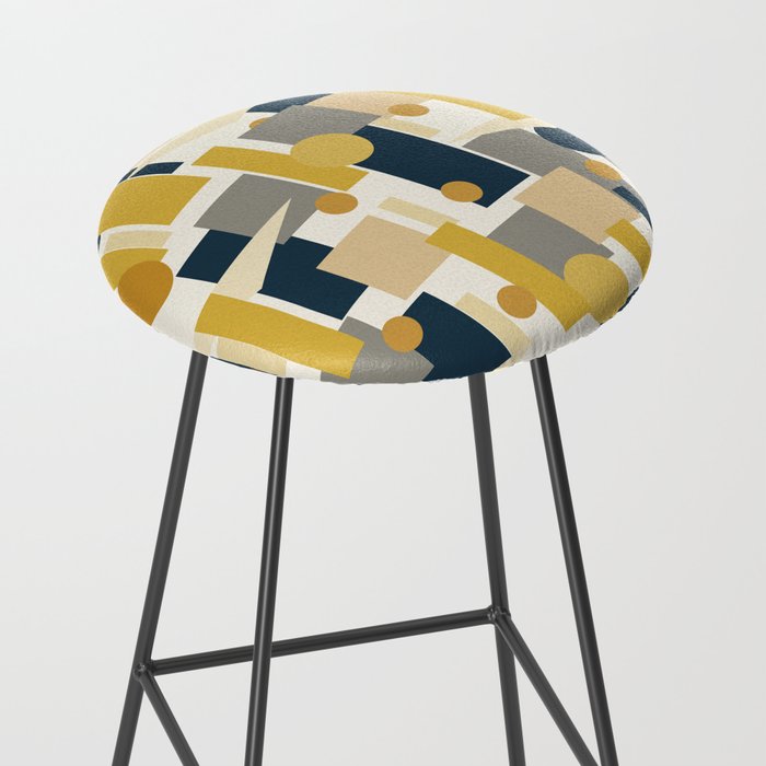 Mid-Century Modern Geometrica Pattern in Navy Blue, Mustard, Grey, Beige, and Cream Stool Gallery Image 2