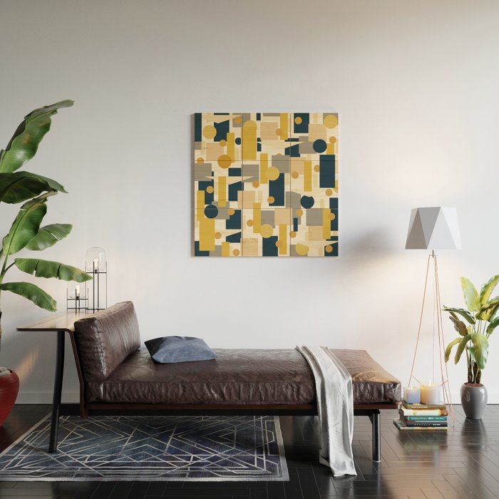 Mid-Century Modern Geometrica Pattern in Navy Blue, Mustard, Grey, Beige, and Cream Wood Wall Art Gallery Image 2