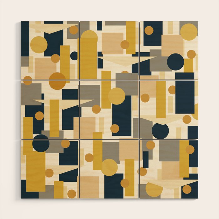 Mid-Century Modern Geometrica Pattern in Navy Blue, Mustard, Grey, Beige, and Cream Wood Wall Art Gallery Image 1