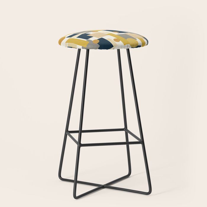 Mid-Century Modern Geometrica Pattern in Navy Blue, Mustard, Grey, Beige, and Cream Stool Gallery Image 1