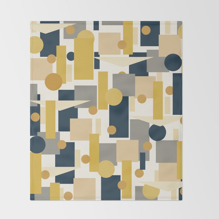 Mid-Century Modern Geometrica Pattern in Navy Blue, Mustard, Grey, Beige, and Cream Throw Blanket Gallery Image 2