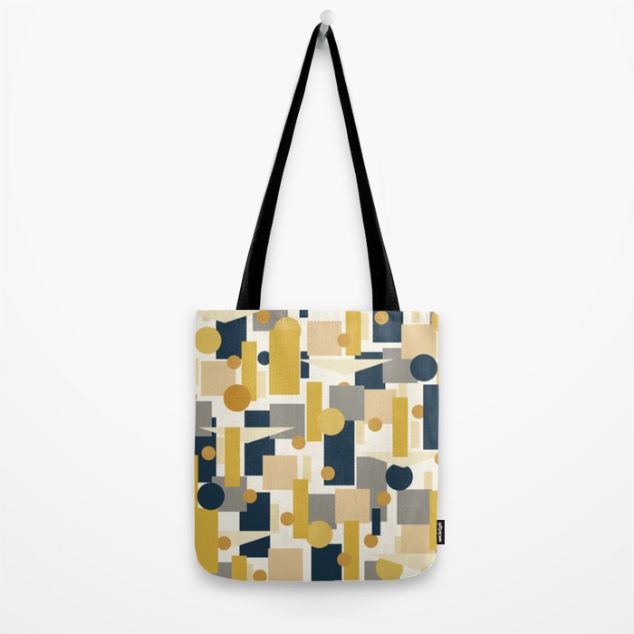 Mid-Century Modern Geometrica Pattern in Navy Blue, Mustard, Grey, Beige, and Cream Tote Bag Gallery Image 2