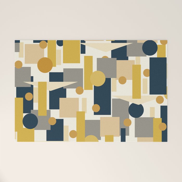 Mid-Century Modern Geometrica Pattern in Navy Blue, Mustard, Grey, Beige, and Cream Welcome Mat Gallery Image 1
