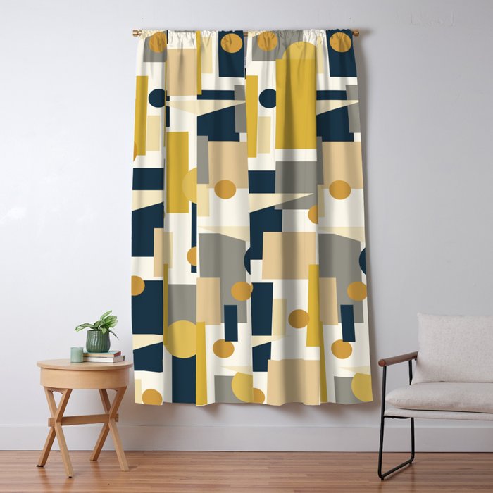 Mid-Century Modern Geometrica Pattern in Navy Blue, Mustard, Grey, Beige, and Cream Window Curtain Gallery Image 5