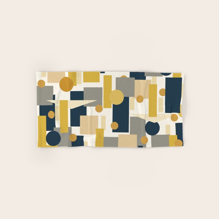 Mid-Century Modern Geometrica Pattern in Navy Blue, Mustard, Grey, Beige, and Cream Bath Towel Gallery Image 1