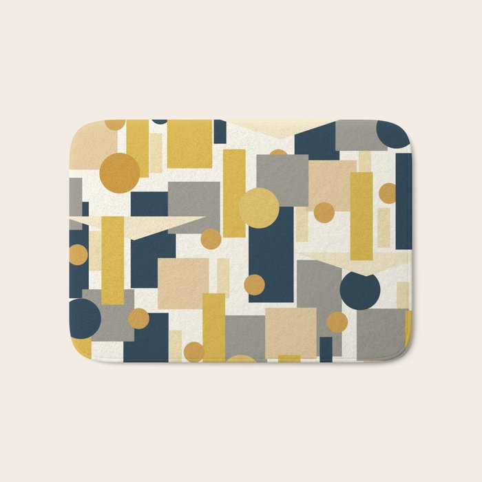 Mid-Century Modern Geometrica Pattern in Navy Blue, Mustard, Grey, Beige, and Cream Bath Mat Gallery Image 1