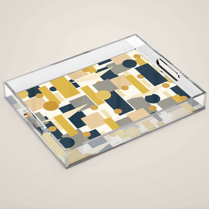 Mid-Century Modern Geometrica Pattern in Navy Blue, Mustard, Grey, Beige, and Cream Acrylic Tray Gallery Image 1
