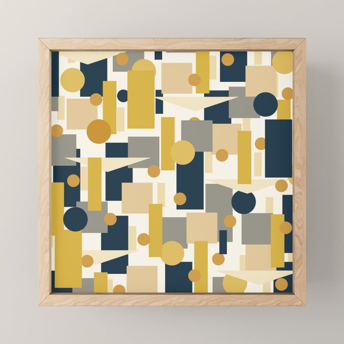 Mid-Century Modern Geometrica Pattern in Navy Blue, Mustard, Grey, Beige, and Cream Mini Art Print Gallery Image 1