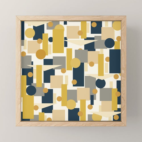 Mid-Century Modern Geometrica Pattern In Navy Blue, Mustard, Grey, Beige, And Cream Mini Art Print Gallery Image 1