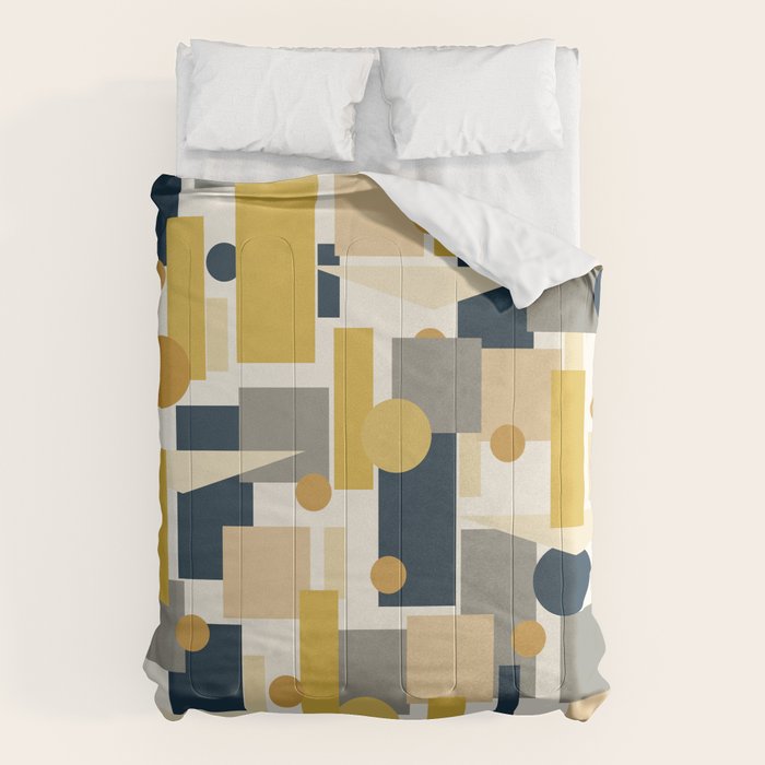 Mid-Century Modern Geometrica Pattern in Navy Blue, Mustard, Grey, Beige, and Cream Comforter Gallery Image 1