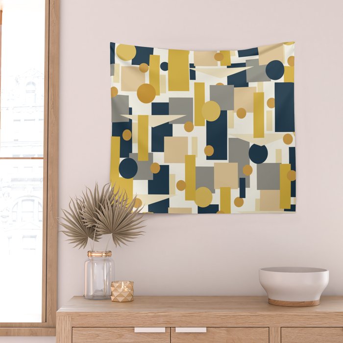 Mid-Century Modern Geometrica Pattern in Navy Blue, Mustard, Grey, Beige, and Cream Wall Tapestry Gallery Image 2