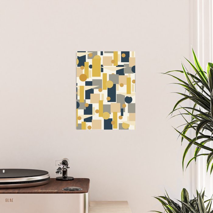 Mid-Century Modern Geometrica Pattern in Navy Blue, Mustard, Grey, Beige, and Cream Poster Gallery Image 2