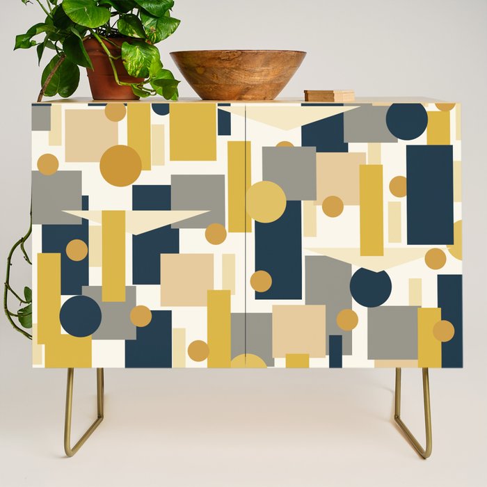 Mid-Century Modern Geometrica Pattern in Navy Blue, Mustard, Grey, Beige, and Cream Credenza Gallery Image 1