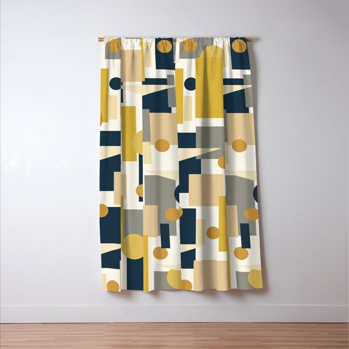 Mid-Century Modern Geometrica Pattern in Navy Blue, Mustard, Grey, Beige, and Cream Window Curtain Gallery Image 3