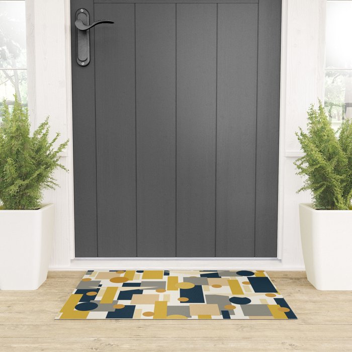 Mid-Century Modern Geometrica Pattern in Navy Blue, Mustard, Grey, Beige, and Cream Welcome Mat Gallery Image 3