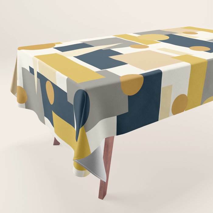 Mid-Century Modern Geometrica Pattern in Navy Blue, Mustard, Grey, Beige, and Cream Tablecloth Gallery Image 1