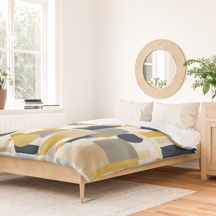 Mid-Century Modern Geometrica Pattern in Navy Blue, Mustard, Grey, Beige, and Cream Duvet Cover Gallery Image 2