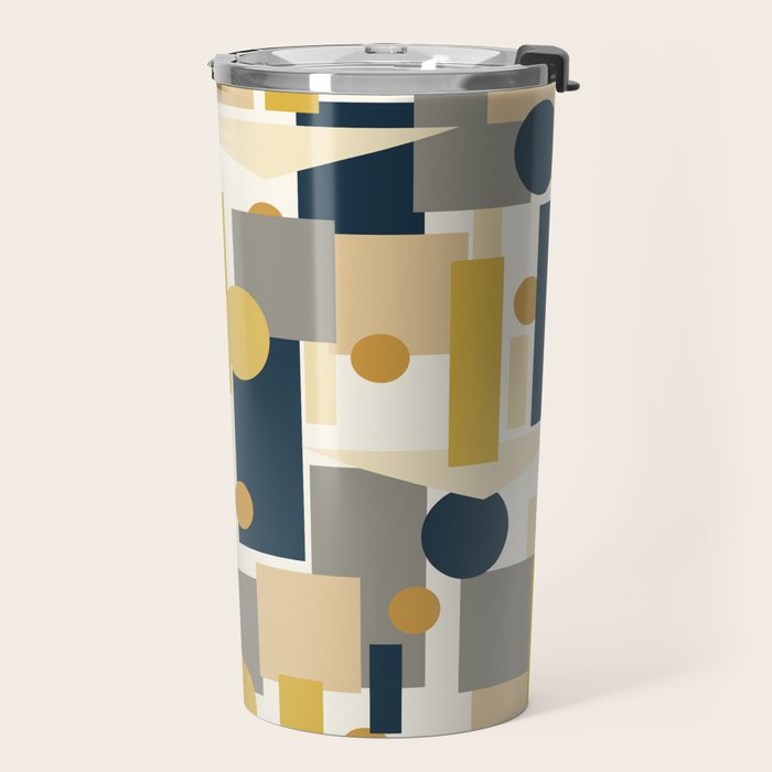Mid-Century Modern Geometrica Pattern in Navy Blue, Mustard, Grey, Beige, and Cream Travel Mug Gallery Image 2