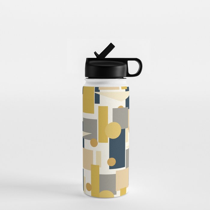 Mid-Century Modern Geometrica Pattern in Navy Blue, Mustard, Grey, Beige, and Cream Water Bottle Gallery Image 1