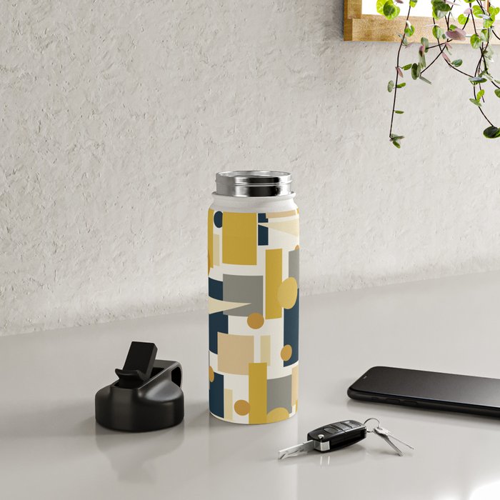 Mid-Century Modern Geometrica Pattern in Navy Blue, Mustard, Grey, Beige, and Cream Water Bottle Gallery Image 4