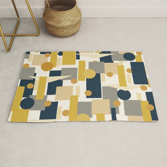 Mid-Century Modern Geometrica Pattern in Navy Blue, Mustard, Grey, Beige, and Cream Rug Gallery Image 1