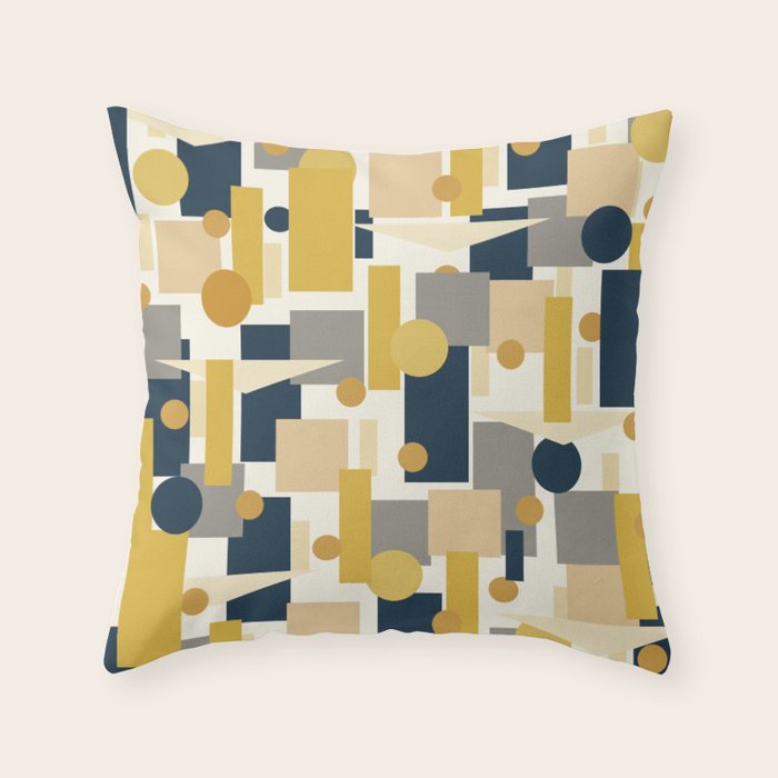 Mid-Century Modern Geometrica Pattern in Navy Blue, Mustard, Grey, Beige, and Cream Throw Pillow Gallery Image 6