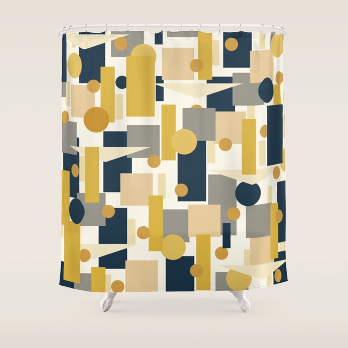 Mid-Century Modern Geometrica Pattern in Navy Blue, Mustard, Grey, Beige, and Cream Shower Curtain Gallery Image 1