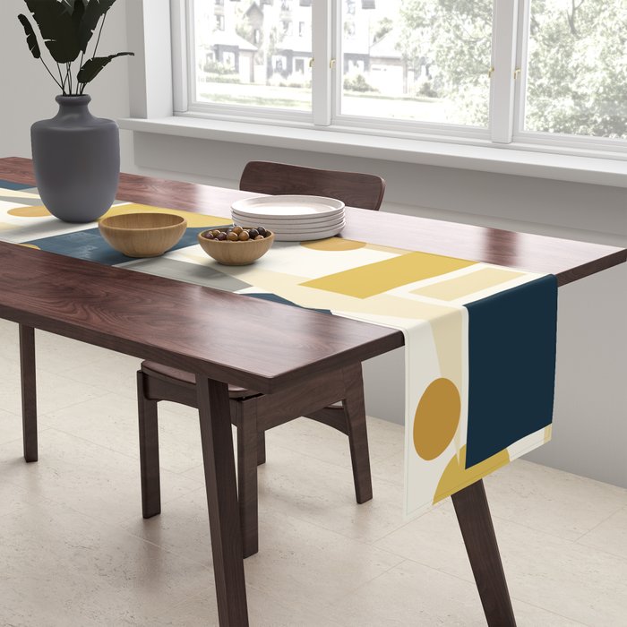 Mid-Century Modern Geometrica Pattern in Navy Blue, Mustard, Grey, Beige, and Cream Table Runner Gallery Image 2