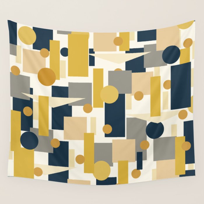 Mid-Century Modern Geometrica Pattern in Navy Blue, Mustard, Grey, Beige, and Cream Wall Tapestry Gallery Image 1