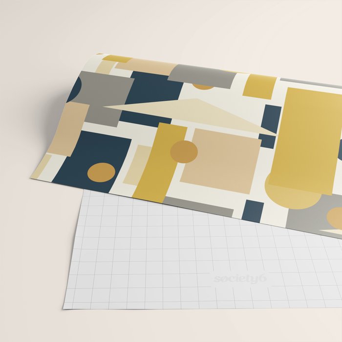 Mid-Century Modern Geometrica Pattern in Navy Blue, Mustard, Grey, Beige, and Cream Wrapping Paper Gallery Image 2
