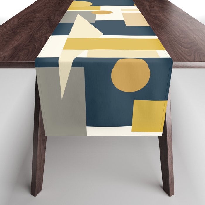 Mid-Century Modern Geometrica Pattern in Navy Blue, Mustard, Grey, Beige, and Cream Table Runner Gallery Image 1