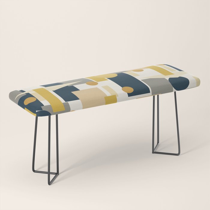 Mid-Century Modern Geometrica Pattern in Navy Blue, Mustard, Grey, Beige, and Cream Bench Gallery Image 1