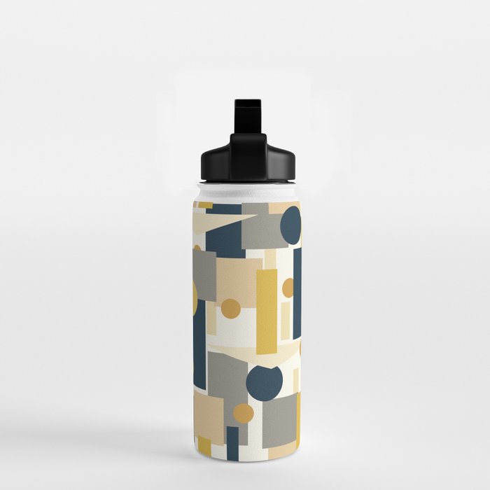Mid-Century Modern Geometrica Pattern in Navy Blue, Mustard, Grey, Beige, and Cream Water Bottle Gallery Image 2