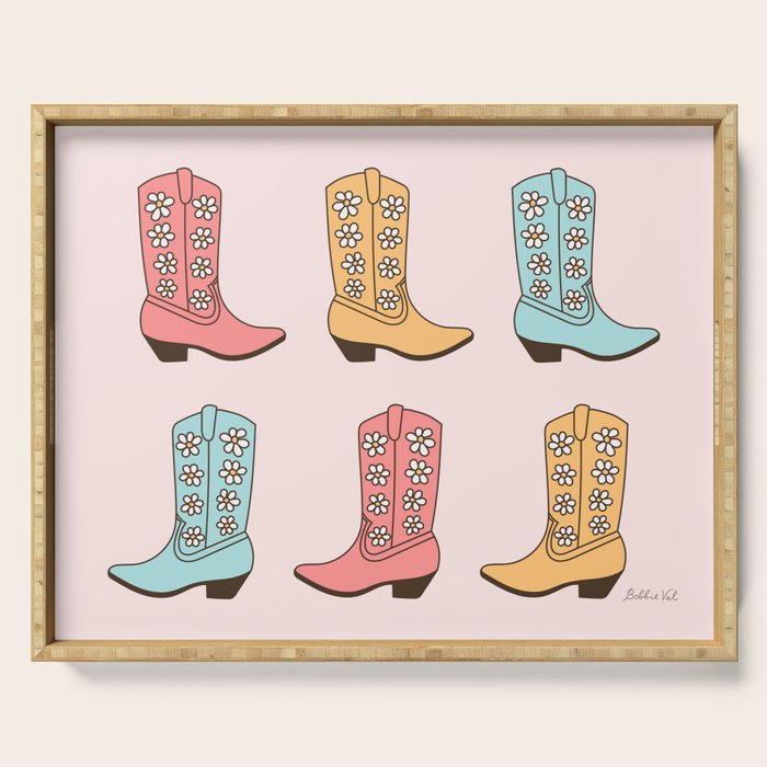 Cowgirl Boots and Daisies, Blush Pink, Mint, Cute Pastel Cowboy Pattern Serving Tray Gallery Image 1