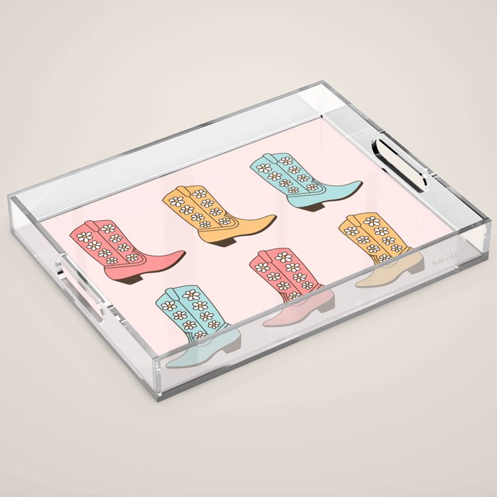 Cowgirl Boots and Daisies, Blush Pink, Mint, Cute Pastel Cowboy Pattern Acrylic Tray Gallery Image 1