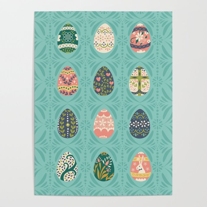 Floral Easter Eggs - Aqua Poster Gallery Image 4